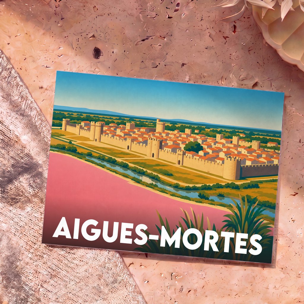 Carte postale souvenir de la ville d'Aigues-Mortes avec une illustration stylisée de ses remparts et de ses salins roses.