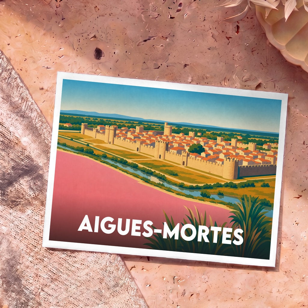 Carte postale souvenir de la ville d'Aigues-Mortes avec une illustration stylisée de ses remparts et de ses salins roses.