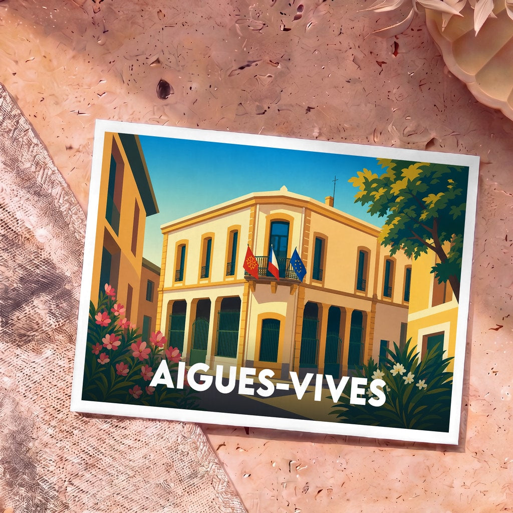 Carte postale souvenir de la ville d'Aigues-Vives avec une illustration stylisée de la mairie.