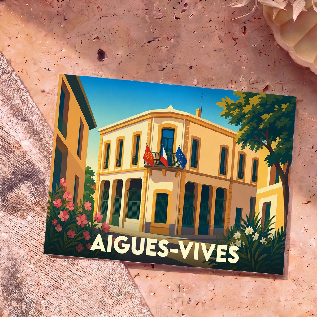 Carte postale souvenir de la ville d'Aigues-Vives avec une illustration stylisée de la mairie.