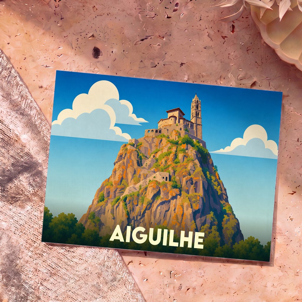 Carte postale souvenir de la ville d'Aiguilhe avec une illustration stylisée de son église perchée sur un rocher.