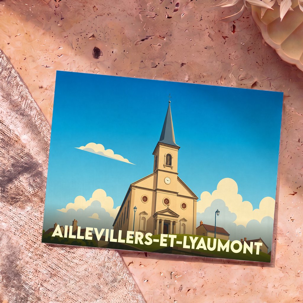 Carte postale souvenir de la ville d'Aillevillers-et-Lyaumont avec une illustration stylisée de son église.