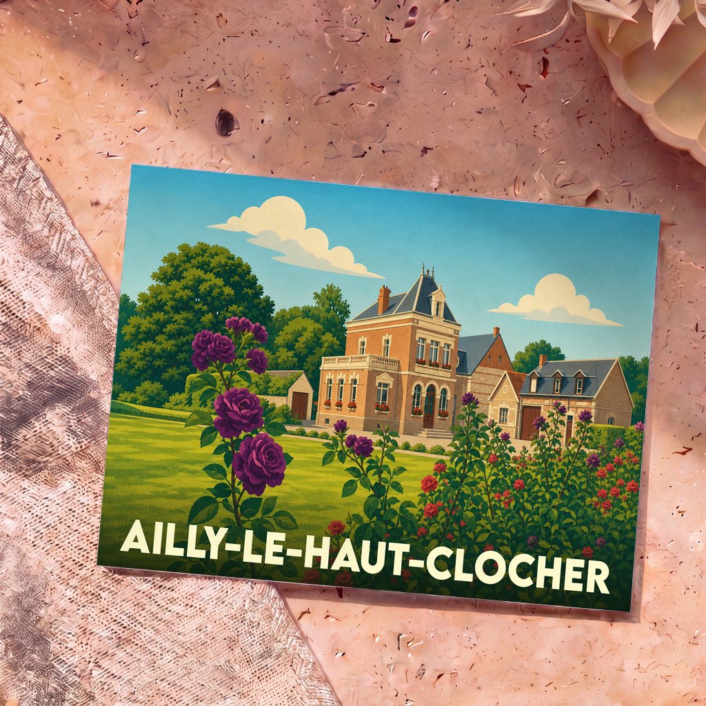 Carte postale souvenir de la ville d'Ailly-le-Haut-Clocher avec une illustration stylisée d'une demeure bourgeoise et de rosiers.