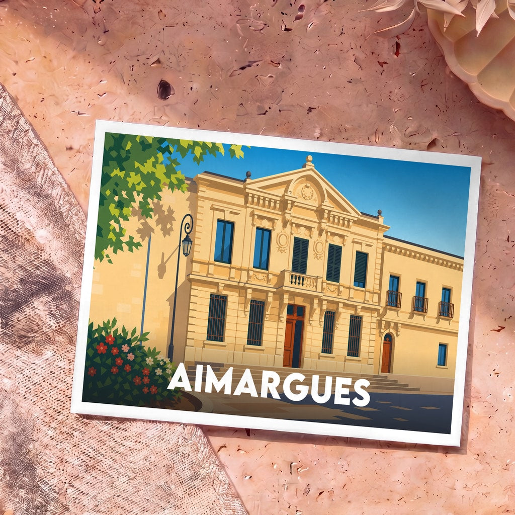 Carte postale souvenir de la ville d'Aimargues avec une illustration stylisée de son hôtel de ville.