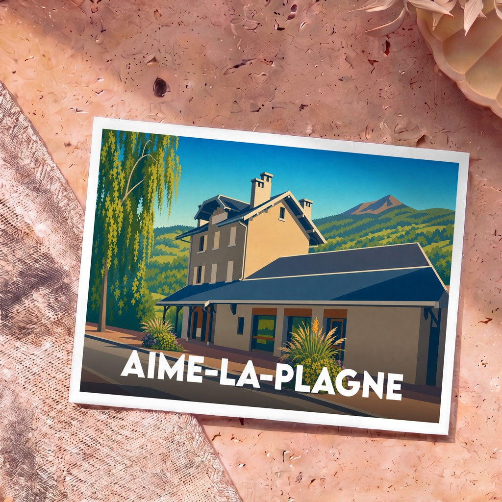 Carte postale souvenir de la ville d'Aime-la-Plagne avec une illustration stylisée de sa gare de montagne.