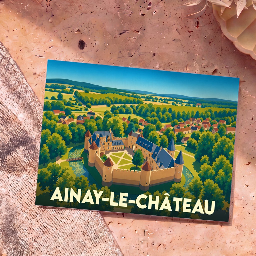 Carte postale souvenir de la ville d'Ainay-le-Château avec une illustration stylisée d'un château fort entouré de douves et de verdure.