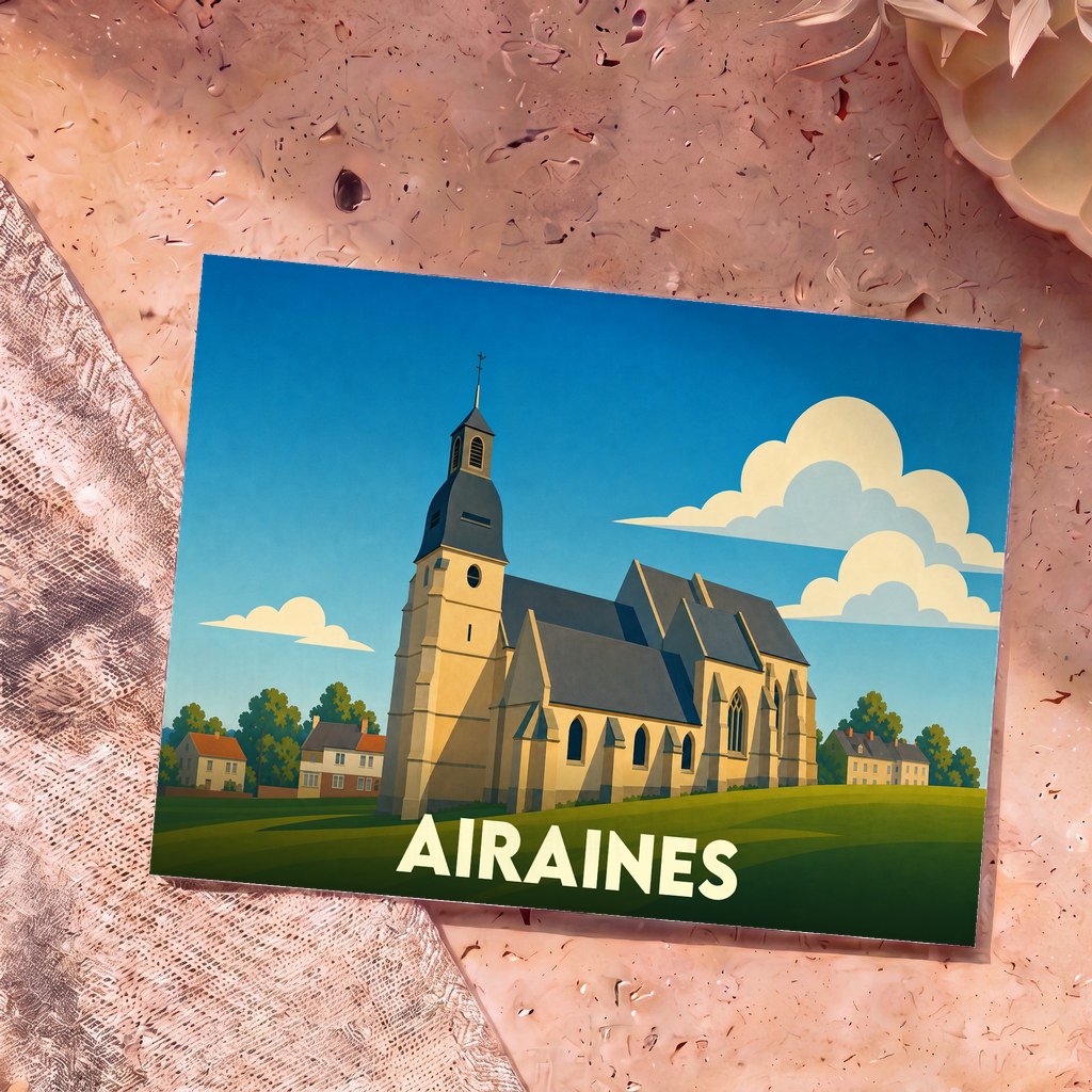 Carte postale souvenir de la ville d'Airaines représentant son église dans un style graphique épuré.