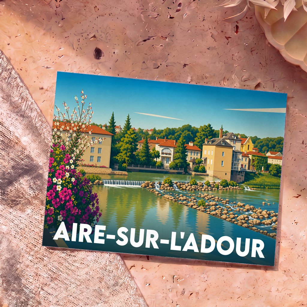 Carte postale souvenir de la ville d'Aire-sur-l'Adour avec une illustration stylisée des bords de l'Adour.