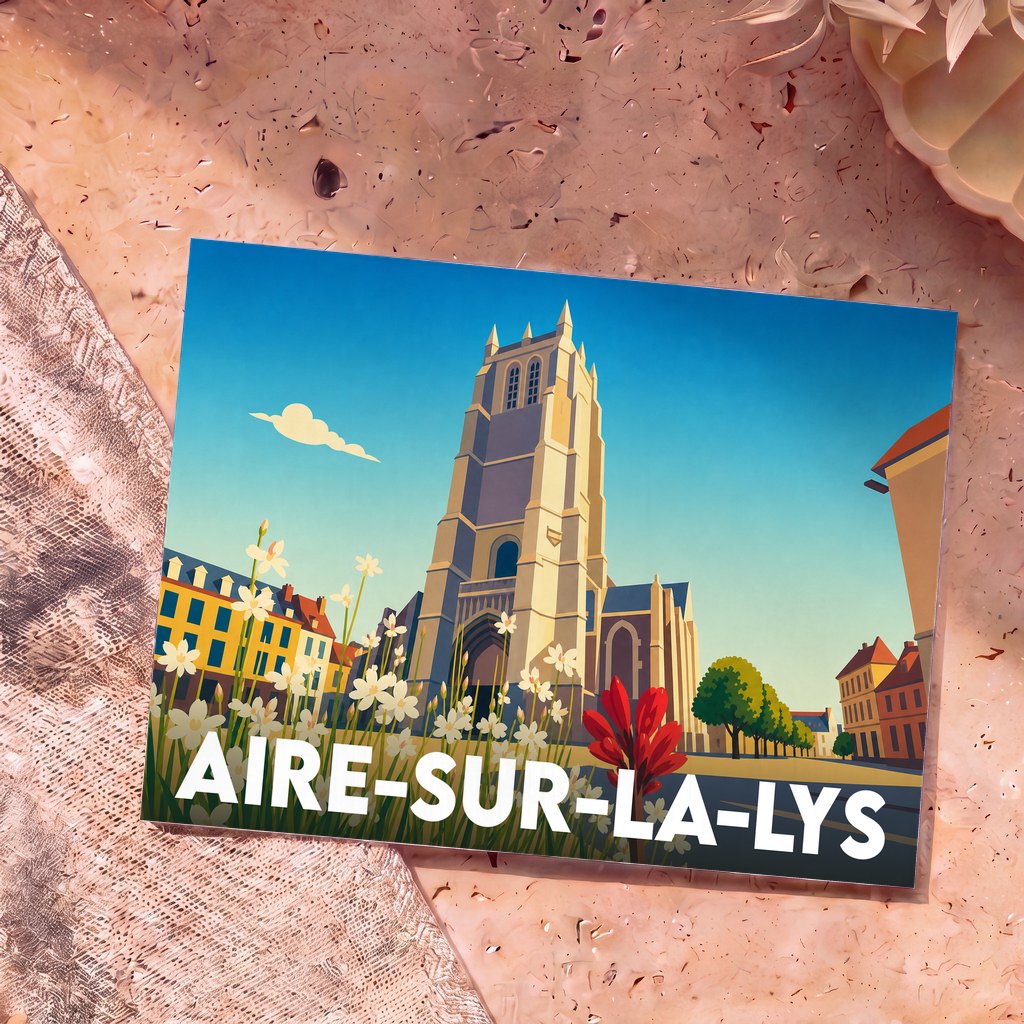 Carte postale souvenir de la ville d'Aire-sur-la-Lys avec une illustration stylisée de sa collégiale.