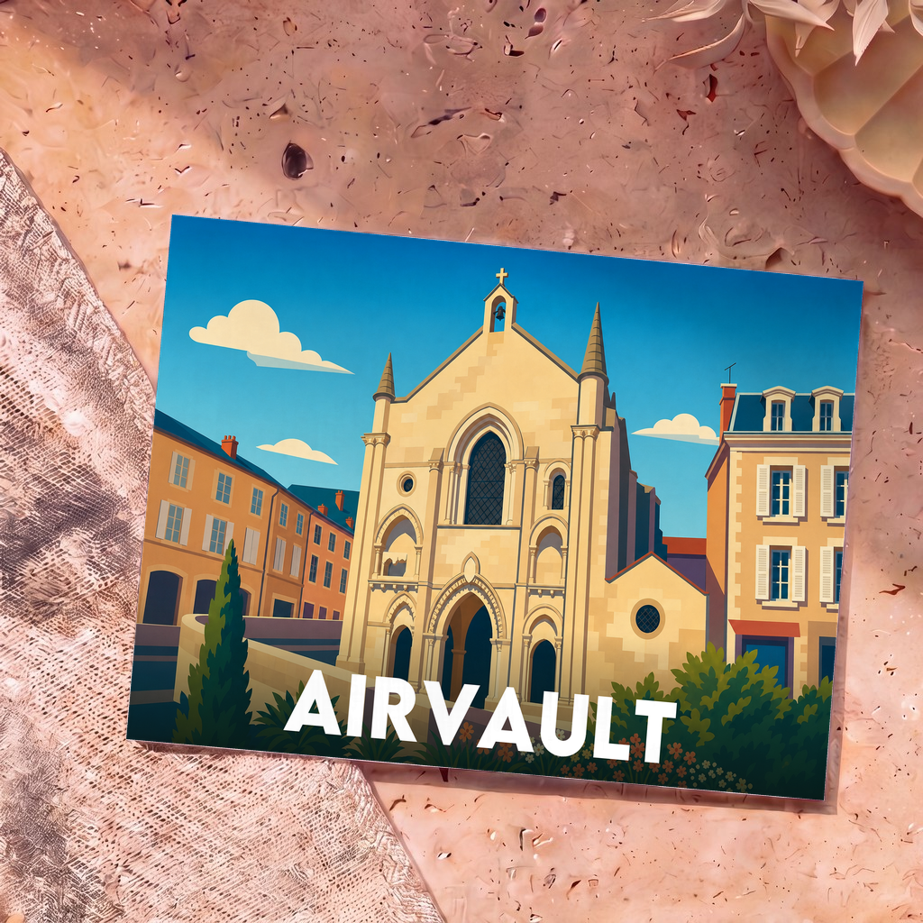 Carte postale souvenir de la ville d'Airvault avec une illustration stylisée de son église abbatiale.
