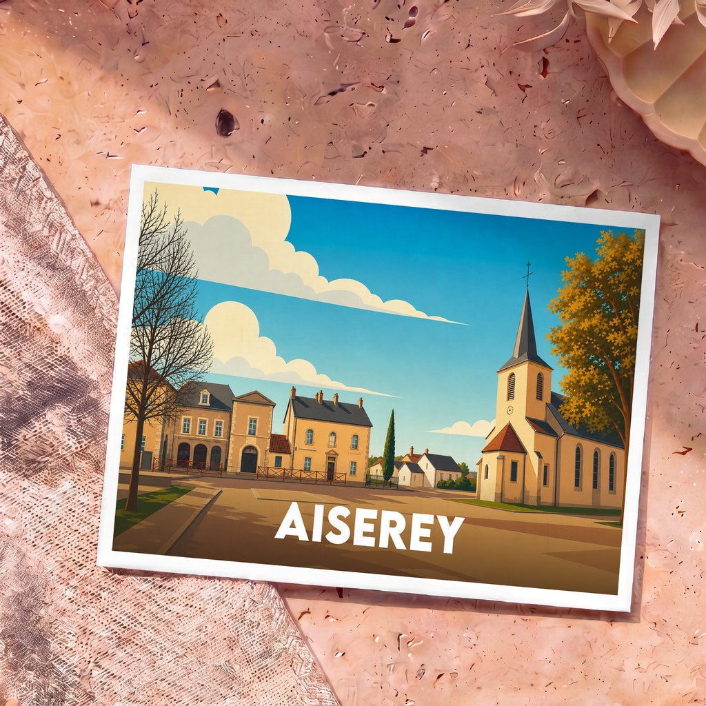 Carte postale souvenir de la ville d'Aiserey avec une illustration stylisée de sa place principale et de son église.
