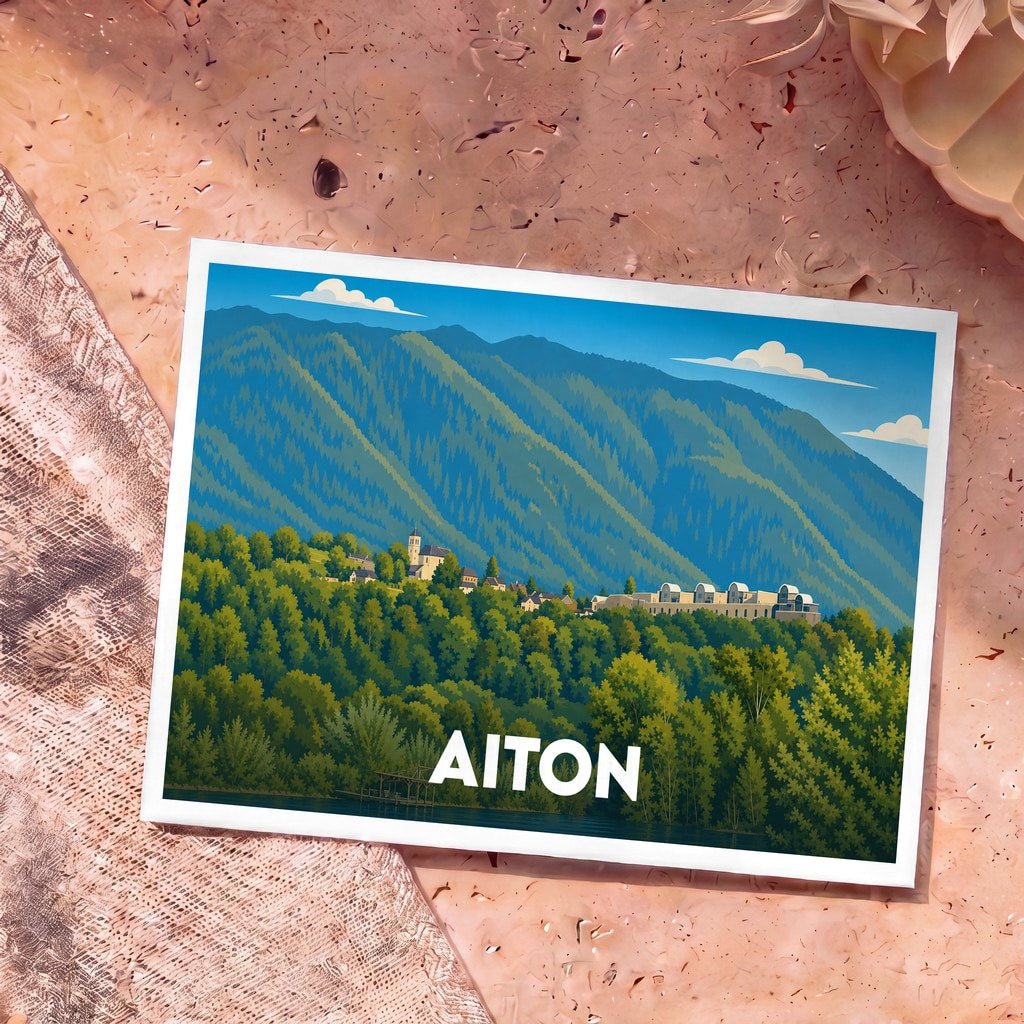 Carte postale souvenir de la ville d'Aiton avec une illustration stylisée de ses montagnes et de ses paysages.