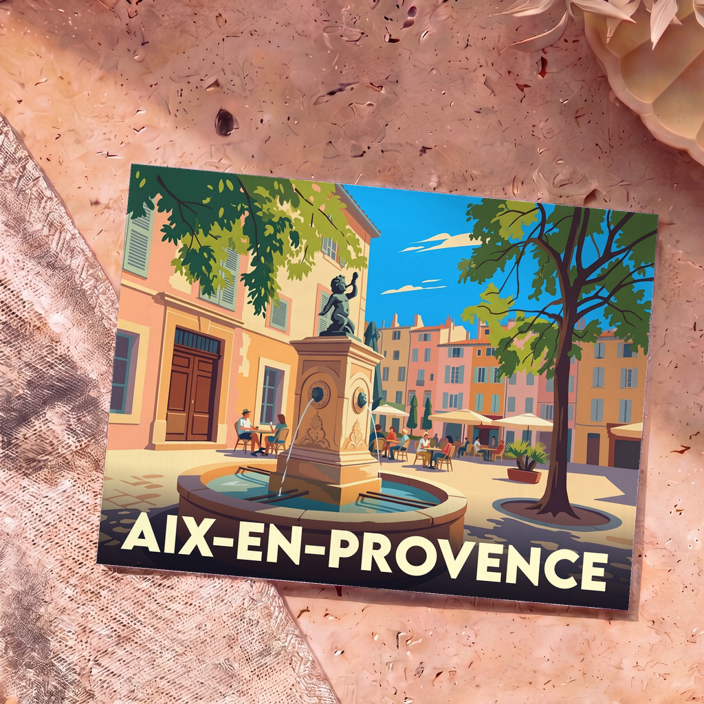 Carte postale souvenir de la ville d'Aix-en-Provence avec une illustration stylisée d'une fontaine sur une place ensoleillée.