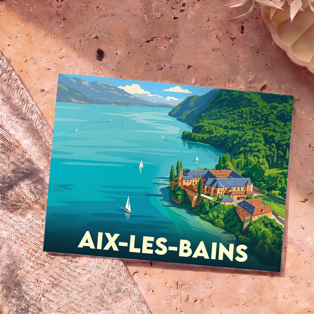 Carte postale souvenir de la ville d'Aix-les-Bains avec une illustration stylisée du lac du Bourget et de l'abbaye d'Hautecombe.