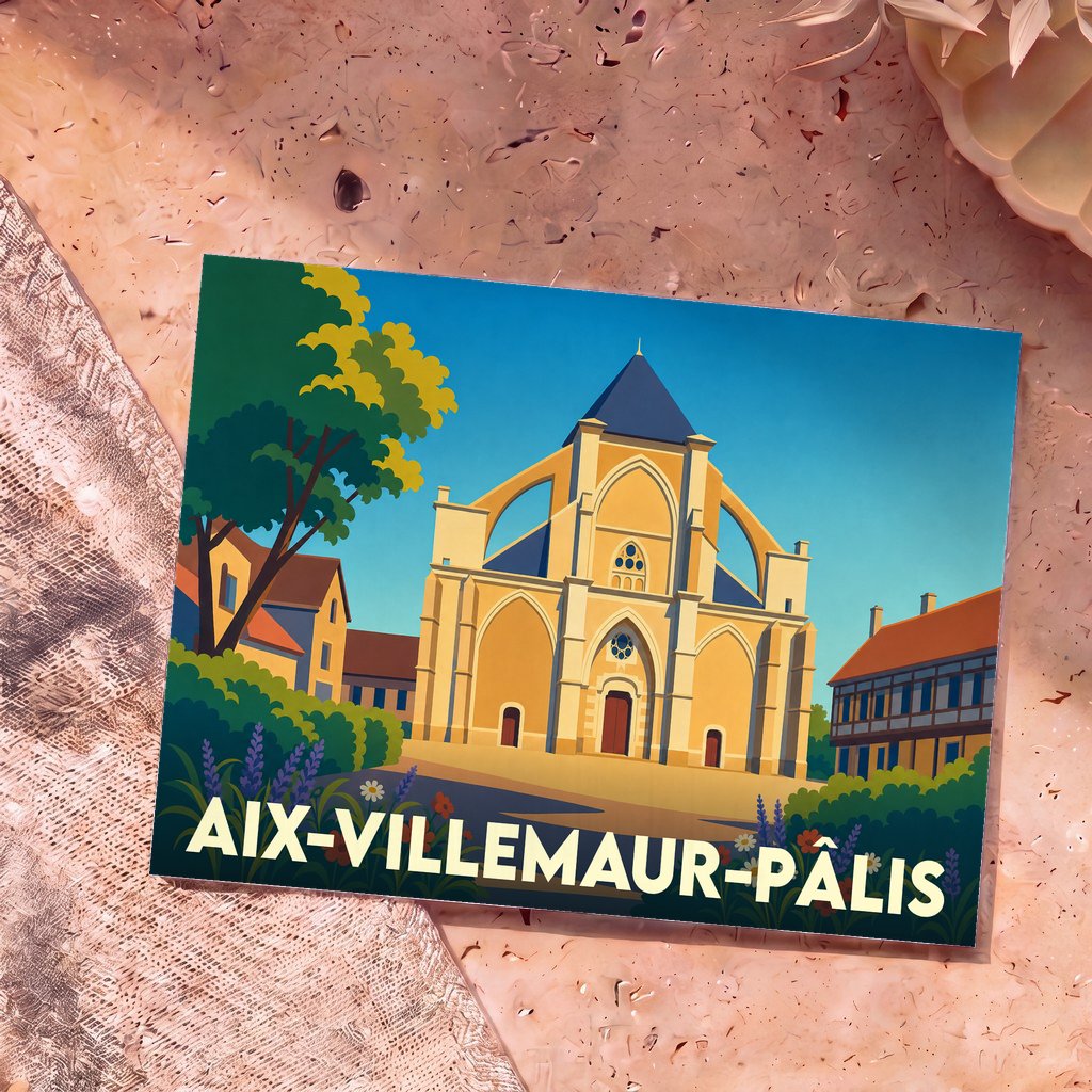 Carte postale souvenir de la ville d'Aix-Villemaur-Pâlis avec une illustration stylisée de sa collégiale.