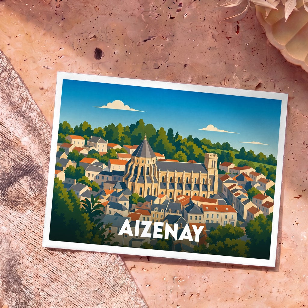 Carte postale souvenir de la ville d'Aizenay avec une illustration stylisée de son église et de ses toits.