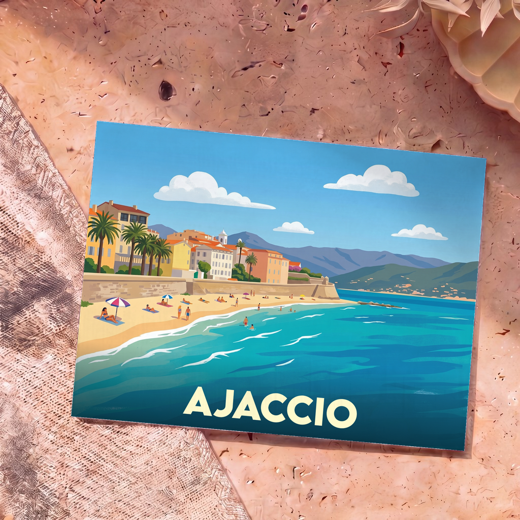 Carte postale souvenir de la ville d'Ajaccio représentant une plage ensoleillée avec une illustration stylisée.