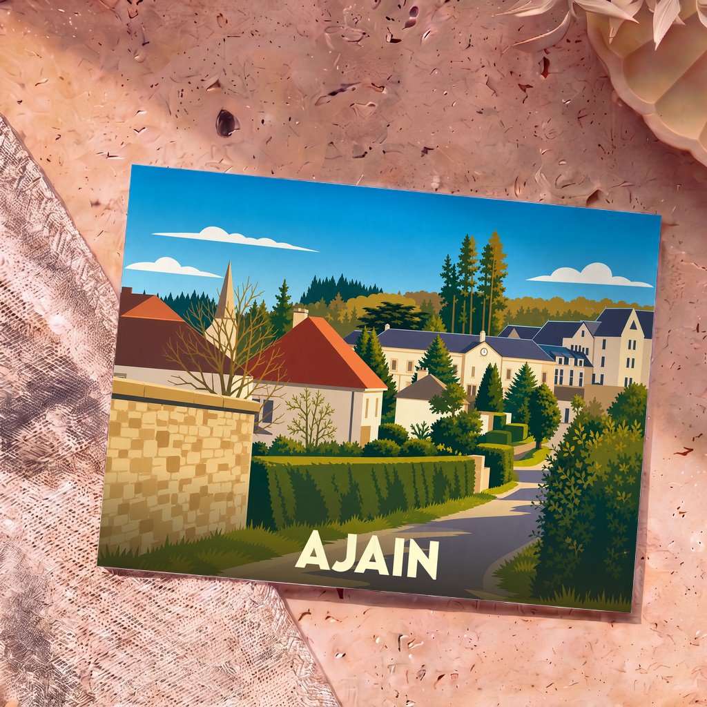 Carte postale souvenir de la ville d'Ajain avec une illustration stylisée et colorée de ses paysages.