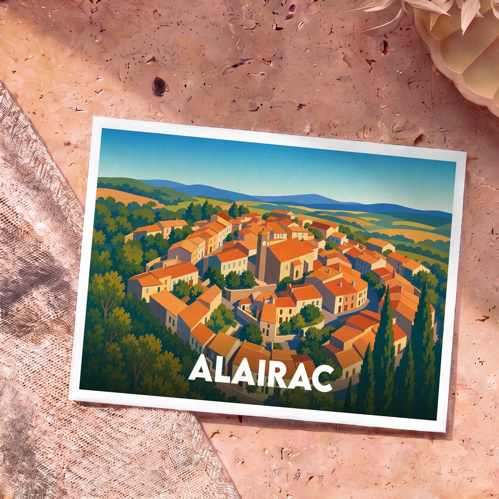 Carte postale souvenir de la ville d'Alairac avec une illustration stylisée d'un village circulaire niché dans les collines.