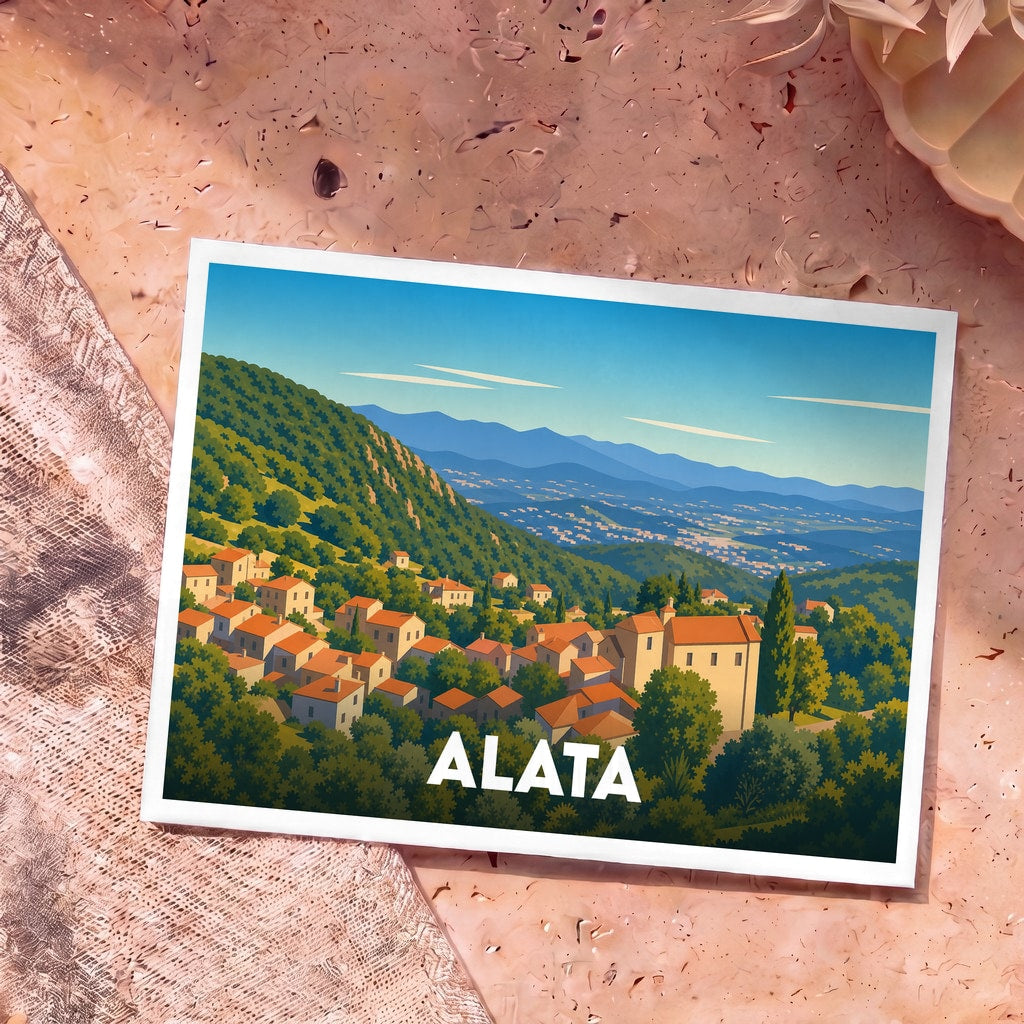 Carte postale souvenir de la ville d'Alata avec une illustration stylisée de son paysage vallonné.