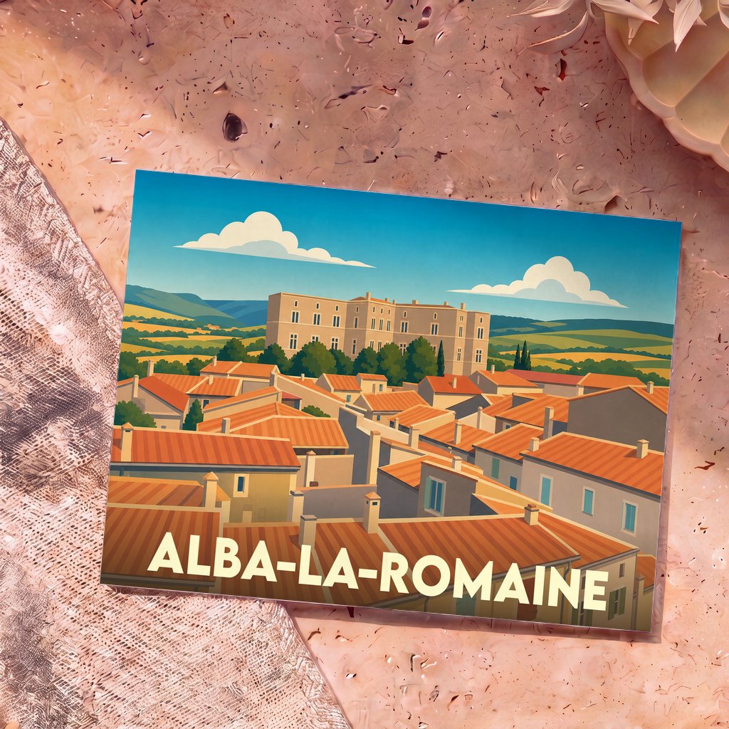 Carte postale souvenir d'Alba-la-Romaine illustrant les toits du village et son château dans un style graphique épuré.