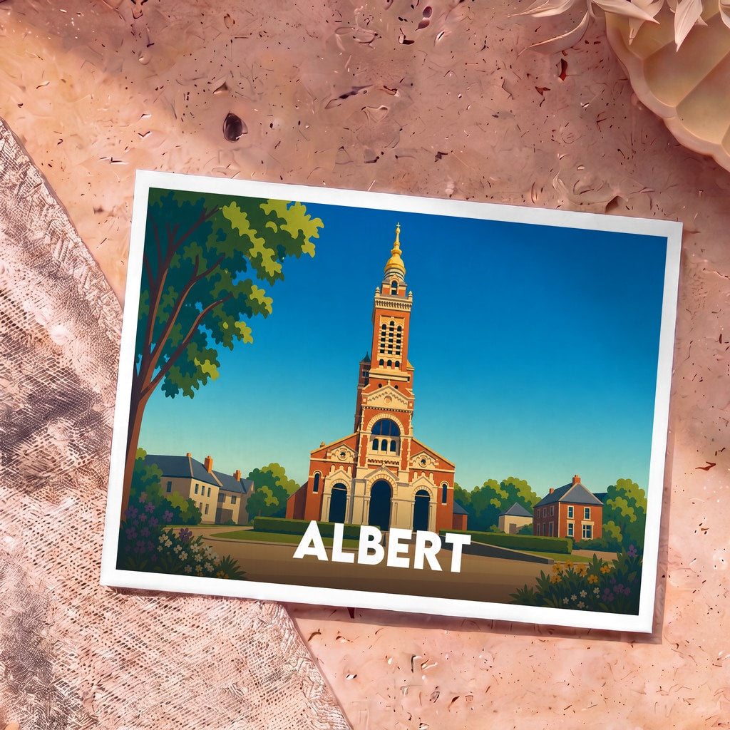 Carte postale souvenir de la ville d'Albert avec une illustration stylisée de sa basilique.