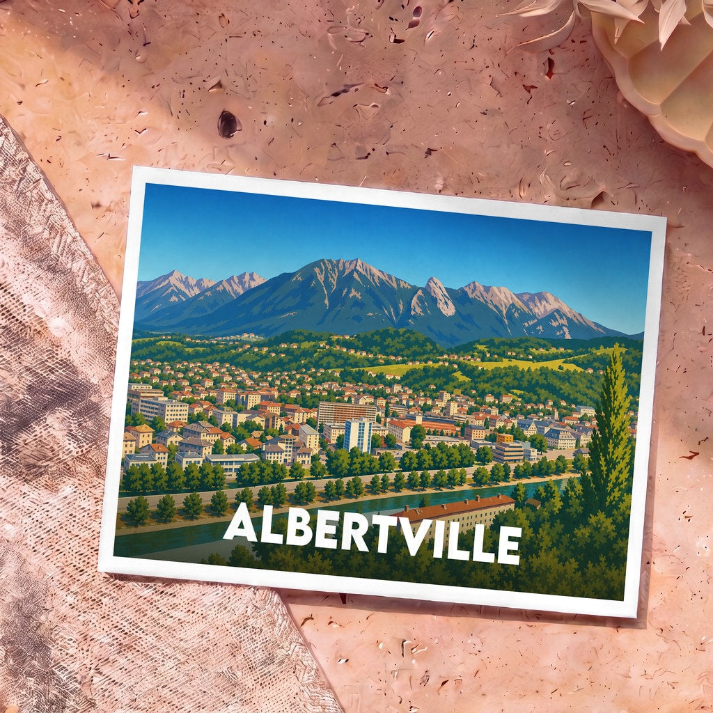 Carte postale souvenir de la ville d'Albertville avec une illustration stylisée montrant la ville au pied des montagnes.