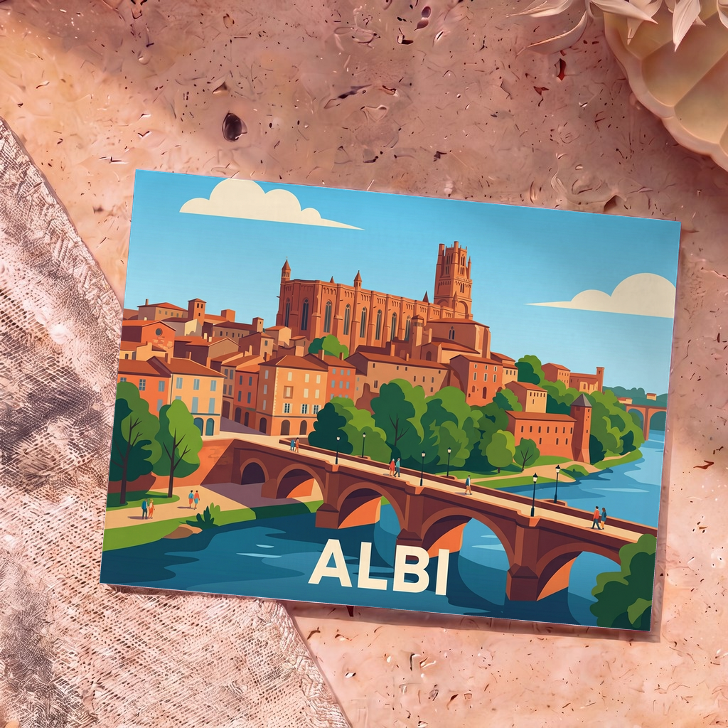 Carte postale souvenir de la ville d'Albi avec une illustration stylisée de sa cathédrale et du Pont Vieux.