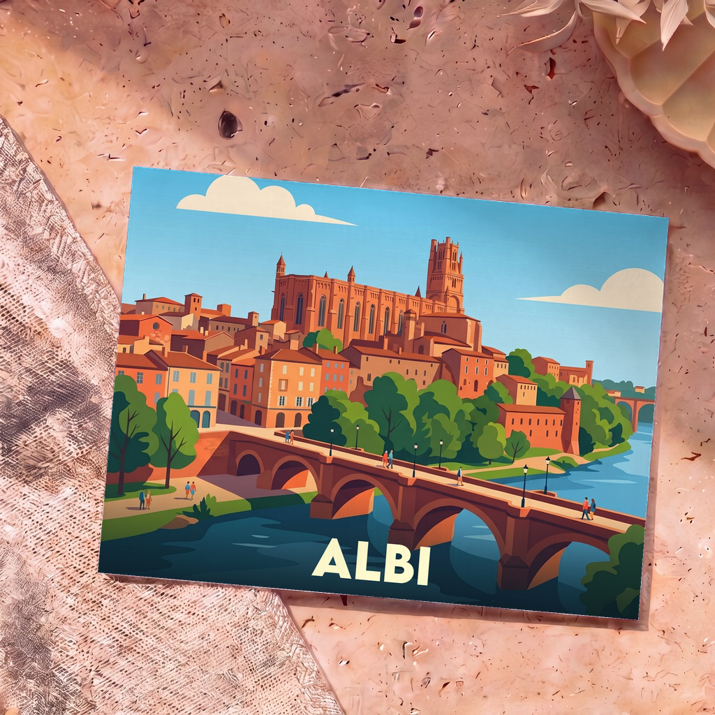 Carte postale souvenir de la ville d'Albi avec une illustration stylisée de sa cathédrale et du Pont Vieux.