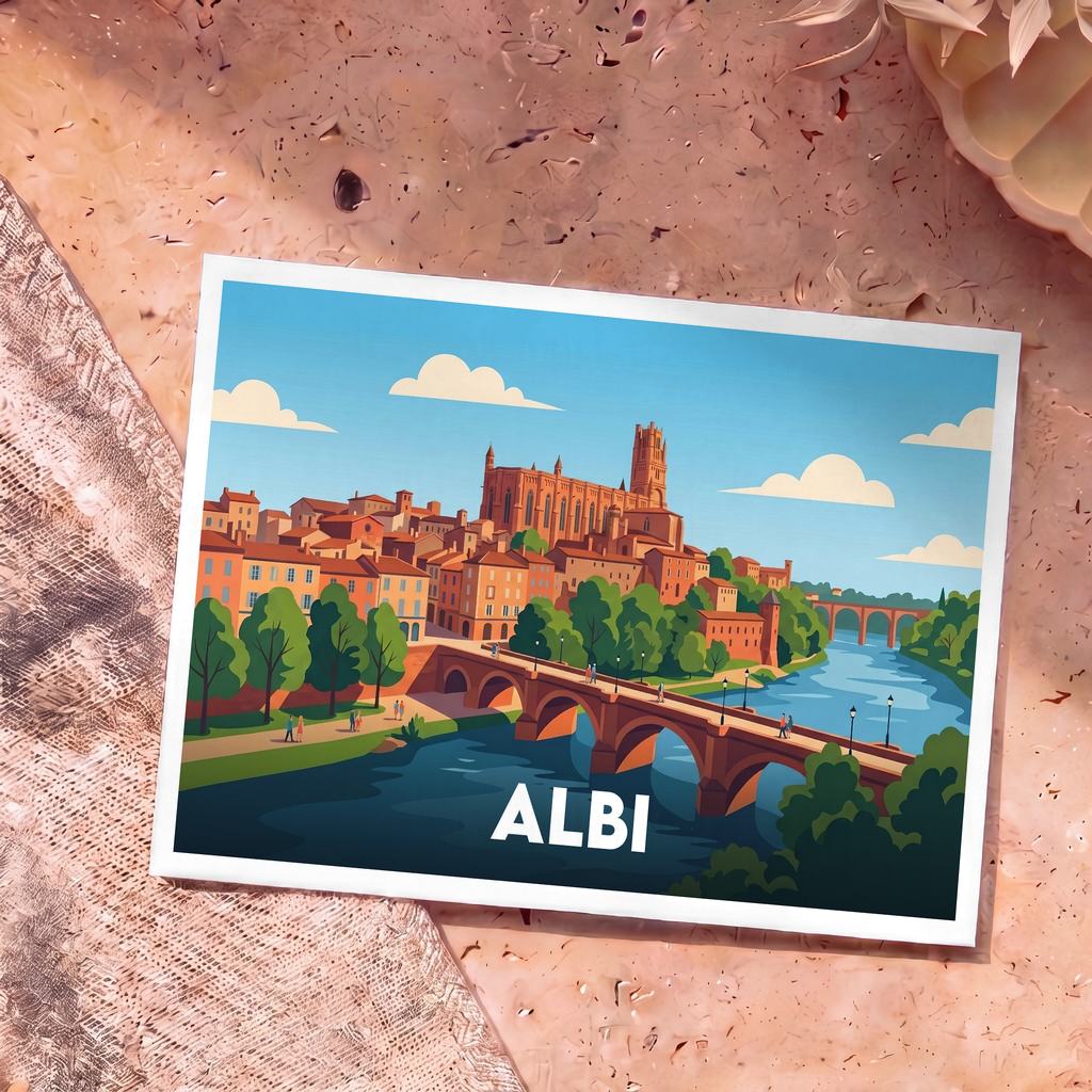 Carte postale souvenir de la ville d'Albi avec une illustration stylisée de sa cathédrale et du Pont Vieux.