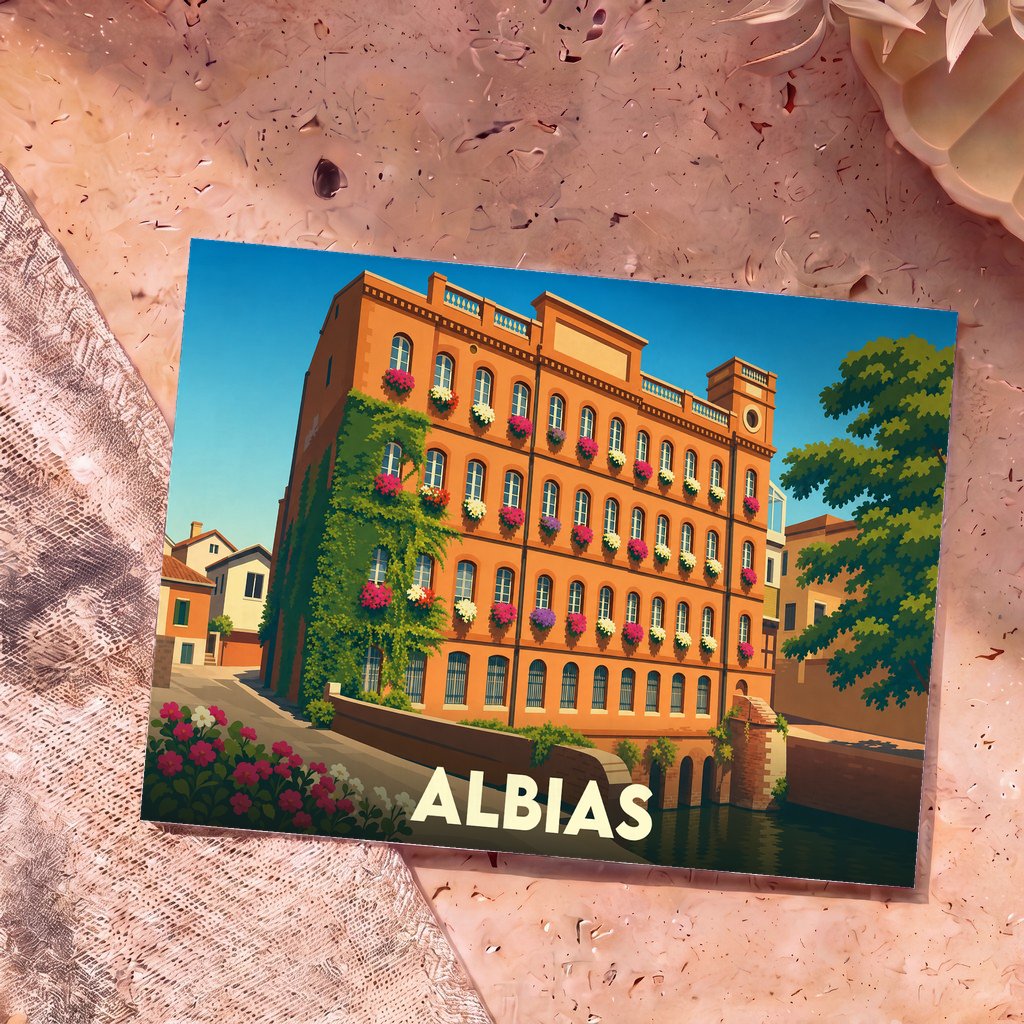 Carte postale souvenir de la ville d'Albias avec une illustration stylisée d'un bâtiment fleuri au bord de l'eau.