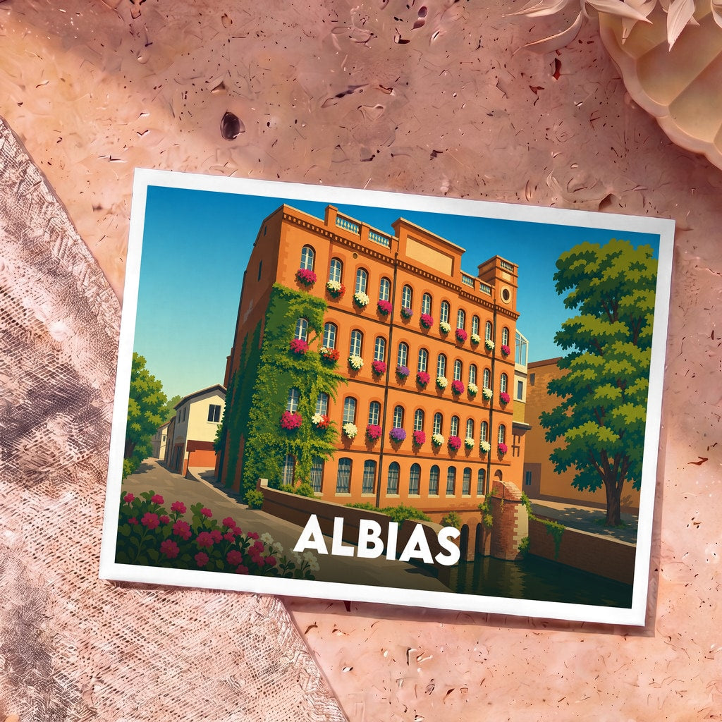 Carte postale souvenir de la ville d'Albias avec une illustration stylisée d'un bâtiment fleuri au bord de l'eau.