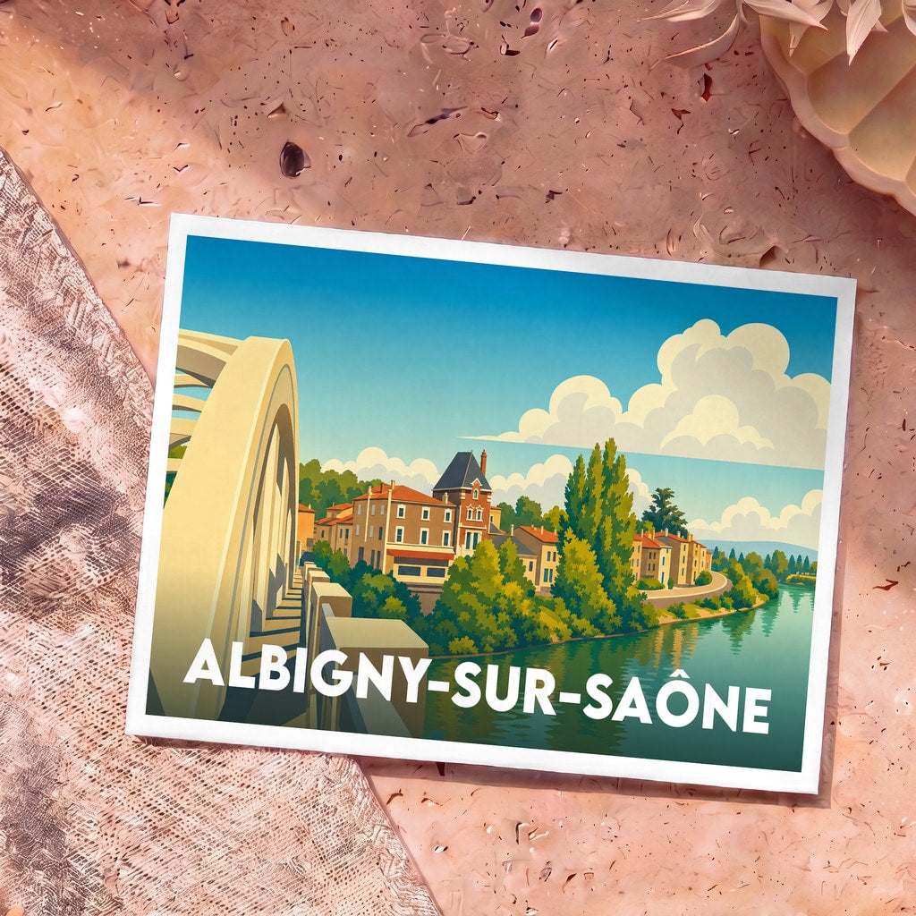 Carte postale souvenir d'Albigny-sur-Saône avec une illustration stylisée de son pont et des bords de Saône.