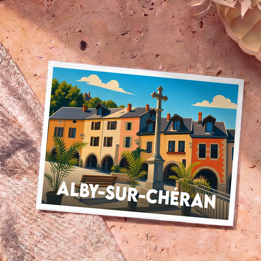 Carte postale souvenir de la ville d'Alby-sur-Chéran avec une illustration stylisée de sa place médiévale colorée.