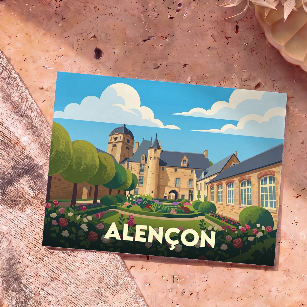 Carte postale souvenir de la ville d'Alençon avec une illustration stylisée de son château et de ses jardins fleuris.