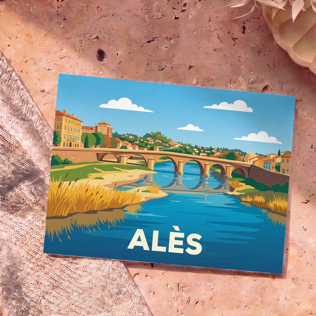 Carte postale souvenir de la ville d'Alès avec une illustration stylisée de son pont et de la rivière.