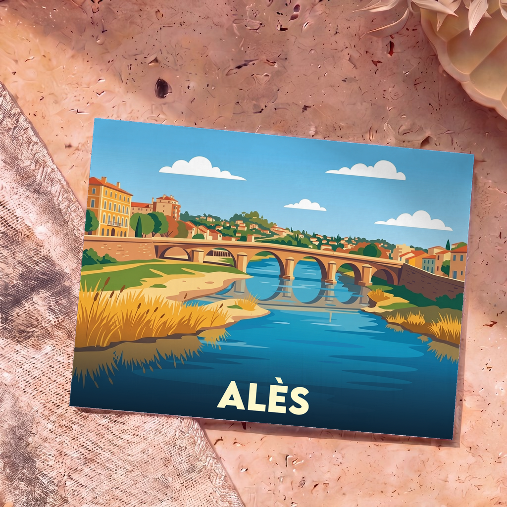 Carte postale souvenir de la ville d'Alès avec une illustration stylisée de son pont et de la rivière.