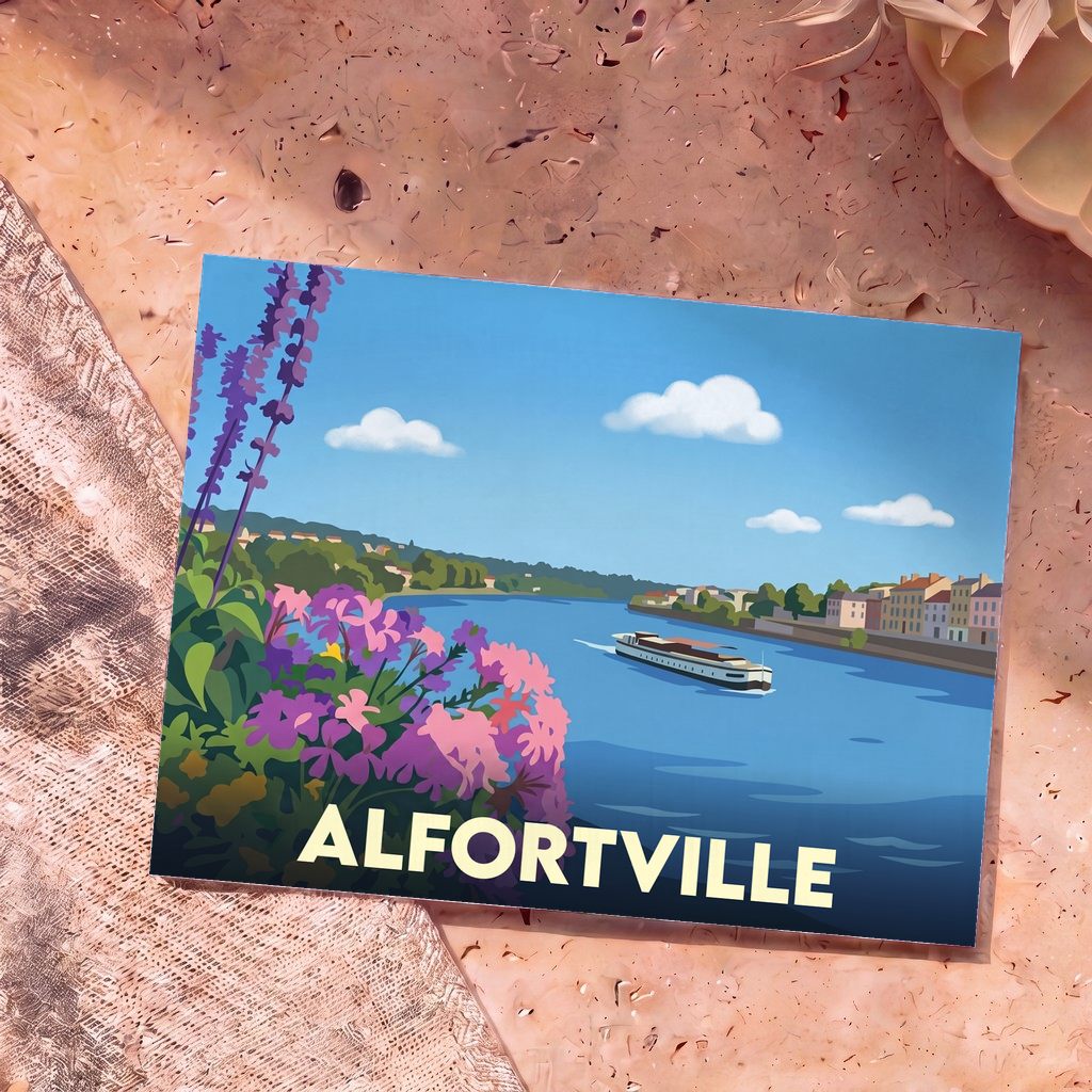 Carte postale souvenir de la ville d'Alfortville avec une illustration stylisée d'un bateau sur la Seine bordée de fleurs.