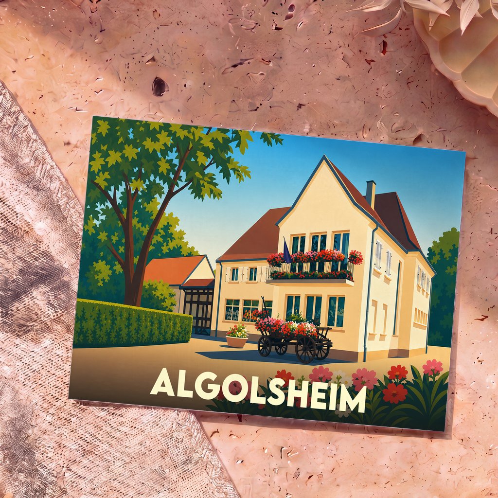 Carte postale souvenir de la ville d'Algolsheim avec une illustration stylisée d'une maison alsacienne fleurie.