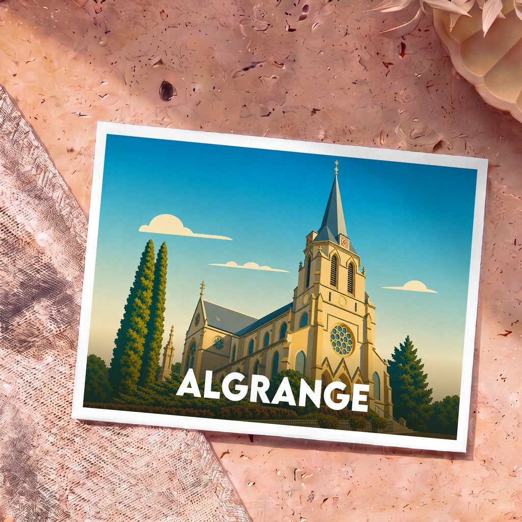 Carte postale souvenir de la ville d'Algrange avec une illustration stylisée de son église.
