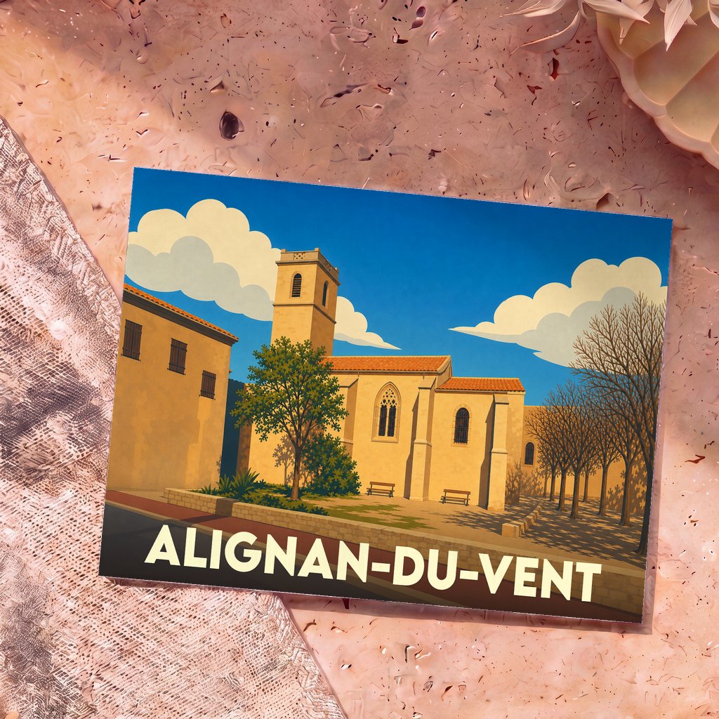 Carte postale souvenir de la ville d'Alignan-du-Vent illustrant son église et sa place ensoleillée dans un style graphique épuré.