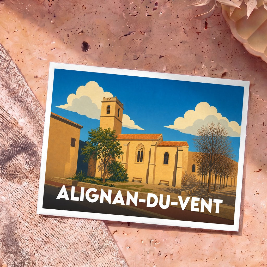 Carte postale souvenir de la ville d'Alignan-du-Vent illustrant son église et sa place ensoleillée dans un style graphique épuré.