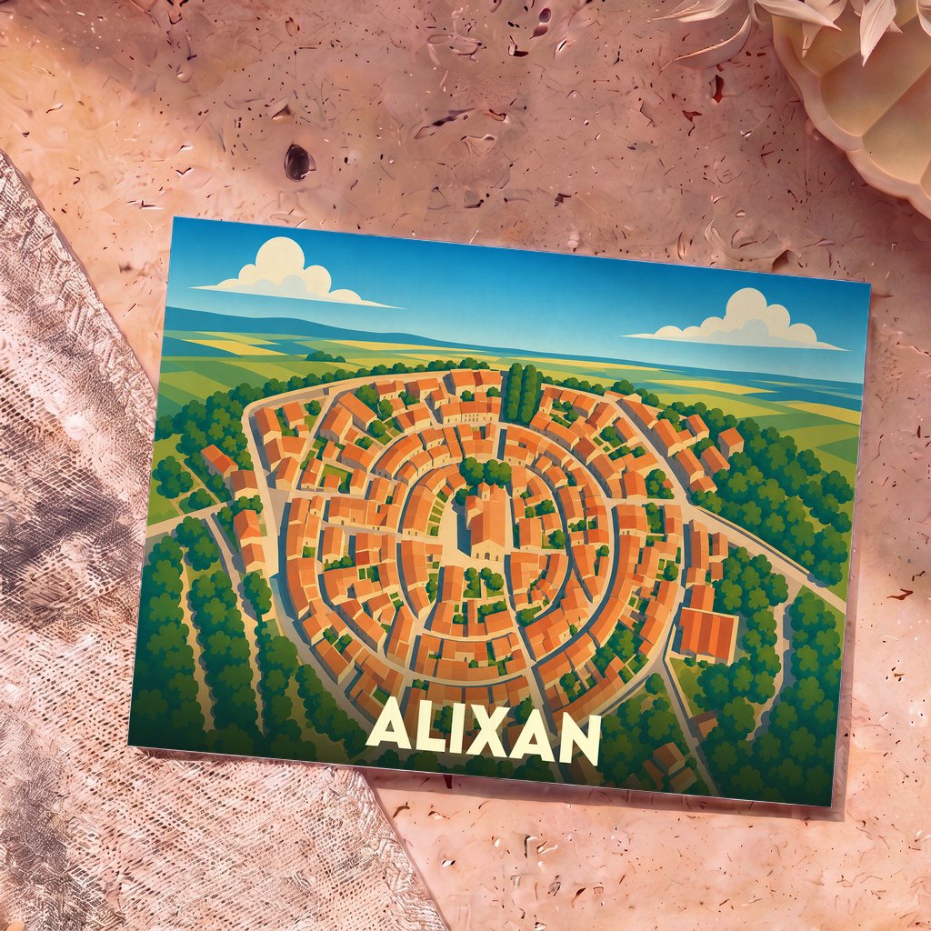 Carte postale souvenir de la ville d'Alixan présentant une illustration stylisée de son village circulaire vu du ciel.