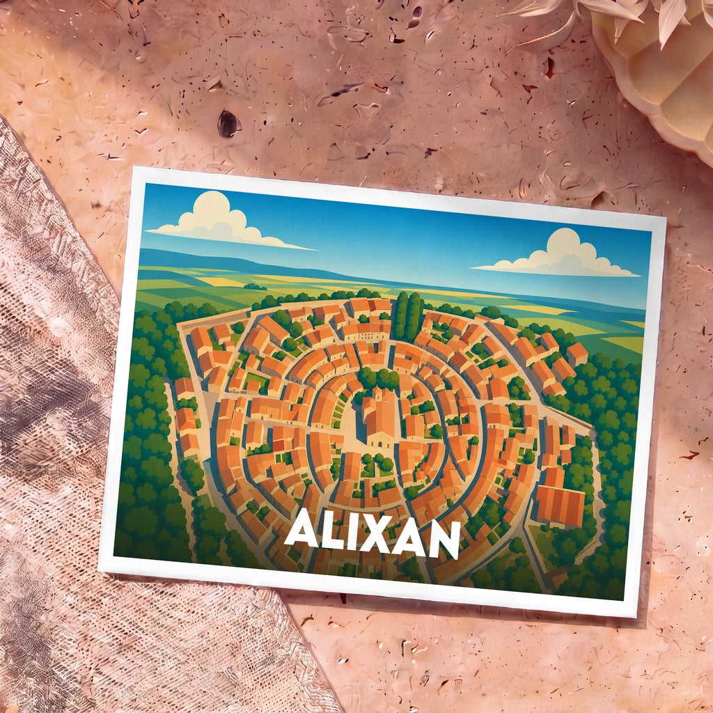 Carte postale souvenir de la ville d'Alixan présentant une illustration stylisée de son village circulaire vu du ciel.