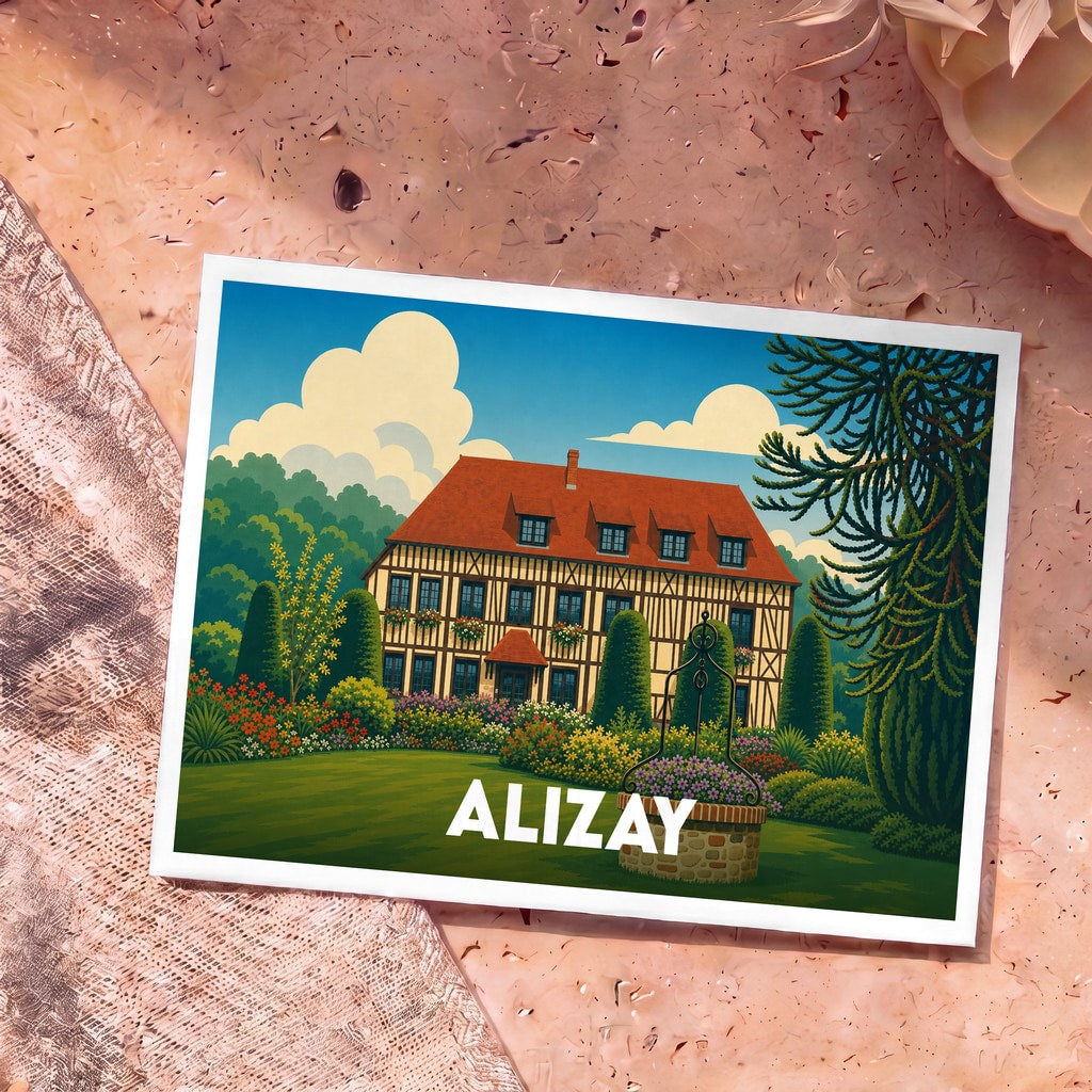 Carte postale souvenir de la ville de Alizay illustrant une demeure normande traditionnelle à colombages dans un jardin fleuri.