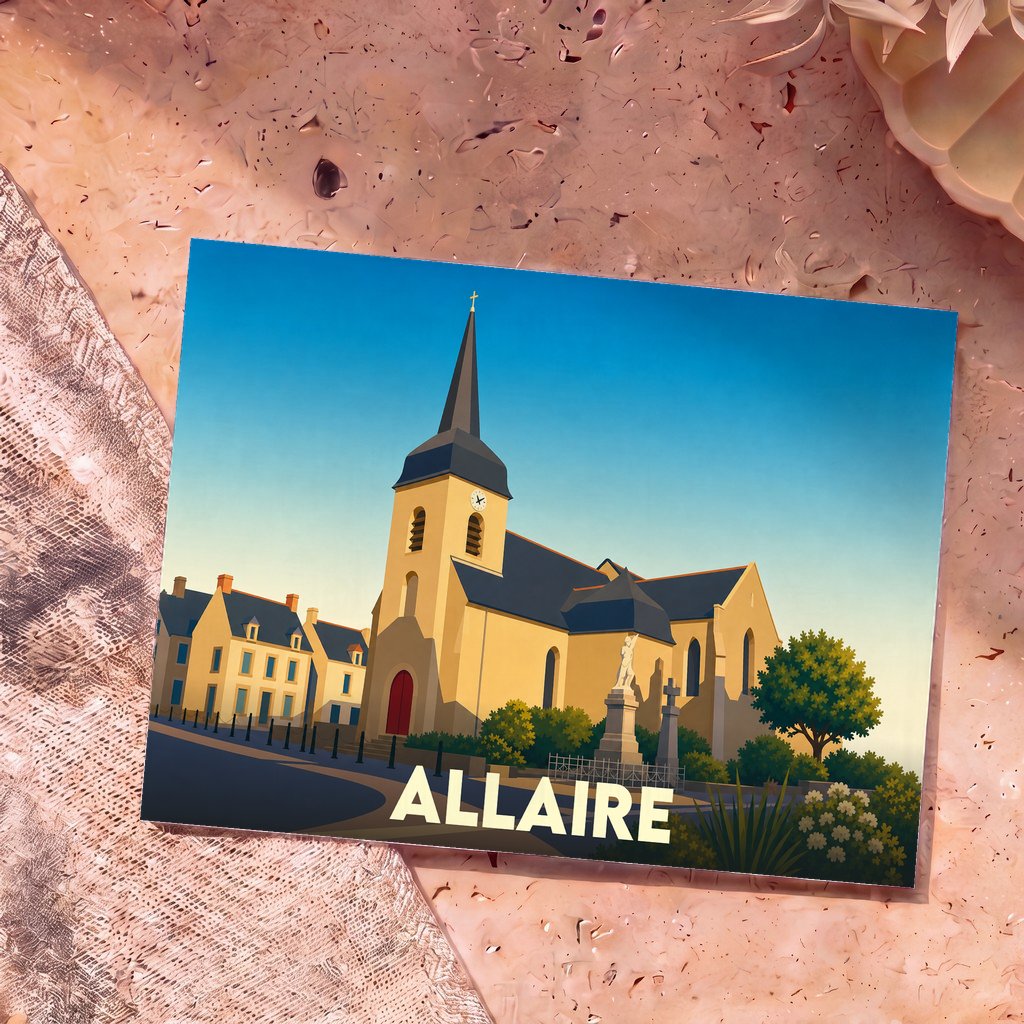 Carte postale souvenir de la ville d'Allaire avec une illustration stylisée de son église et des maisons typiques.