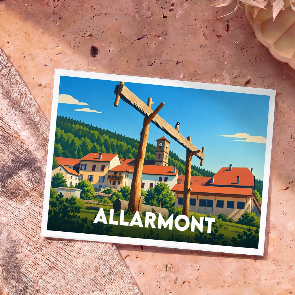 Carte postale souvenir de la ville d'Allarmont avec une illustration stylisée montrant des bâtiments typiques et une grande scie forestière.