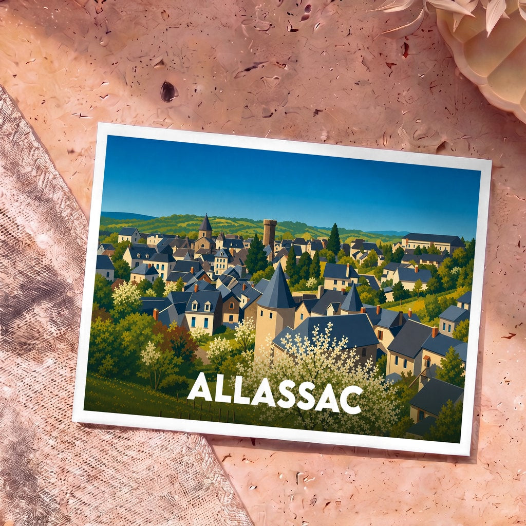 Carte postale souvenir de la ville d'Allassac présentant une illustration stylisée et colorée de son paysage urbain.