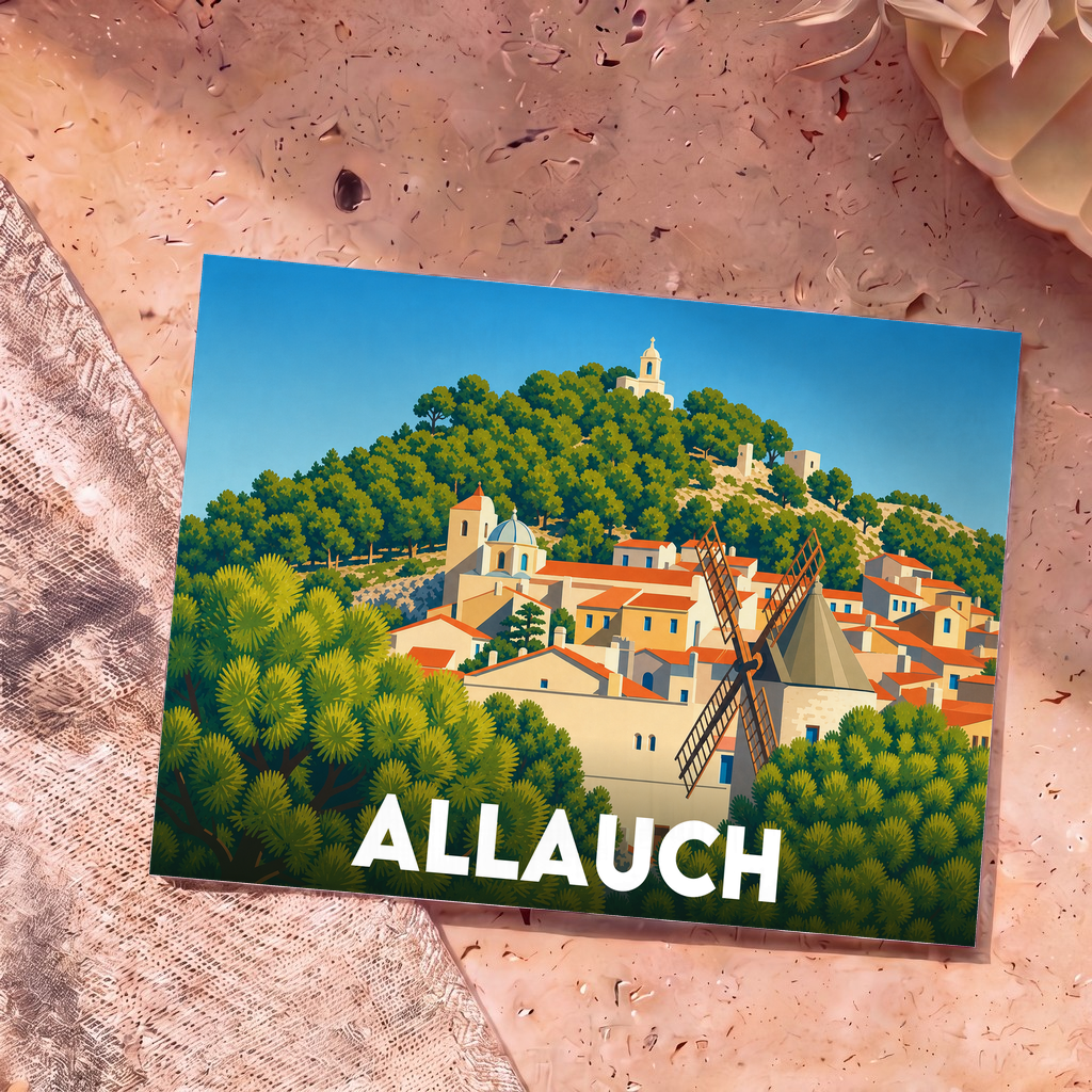 Carte postale souvenir de la ville d'Allauch avec une illustration stylisée d'un village provençal et son moulin.