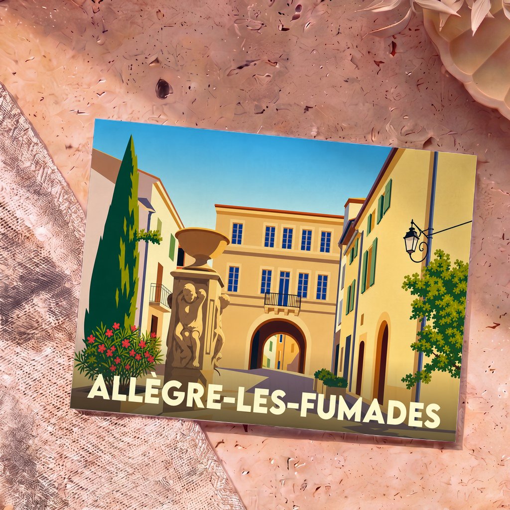 Carte postale souvenir de la ville d'Allègre-les-Fumades avec une illustration stylisée d'une place ensoleillée.